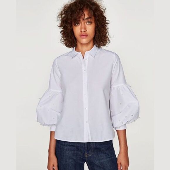 Zara Basic Editions Pearl Balloon Sleeve White Button Down Top Size XS - Picture 1 of 7
